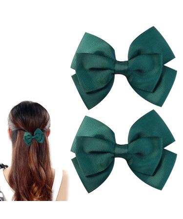 2 x Bottle Green Grosgrain Hair Bows on Clip - 10 cm