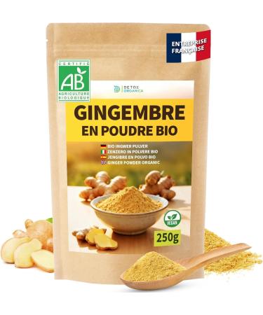 DETOX ORGANICA Gingembre en Poudre Bio 250 g 100% Pure & Naturelle Racine de Gingembre Moulue Saveur Intense Sachet Refermable Id al Infusions Cuisine Smoothies Boost Immunit