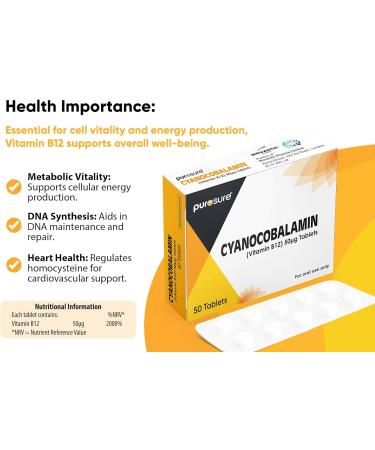 PuroSure Vitamin B12-50 Tablets (7 Weeks Supply) Cyanocobalamin B12 50mcg Supplement - Contributes to The Reduction of Tiredness and Fatigue 50 count (Pack of 1) - Buy Online on GoSupps.com