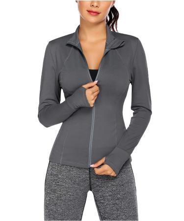 Balancora sports jacket women running jacket training jacket full zipper slim fit sweat jacket with thumb holes for yoga fitness xxl gray