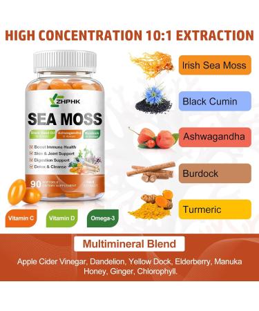 Organic Sea Moss Softgels with Black Seed Oil, Ashwagandha, Burdock, Turmeric, Elderberry, Omega 3 for Immune System, Skin, Joint, Energy, Gut Support 90-Count, 45 Days Supply 90 Count (Pack of 1) - Buy Online on GoSupps.com
