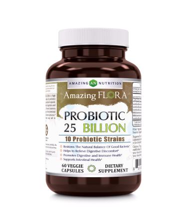 Amazing Flora Probiotic 25 Billion with 10 Best Probiotics Strains Including Acidophilus, plantarum, rhamnosus etc * Supports Digestive & Immune Health *60 Veggie Capsules (Non GMO,Gluten Free)