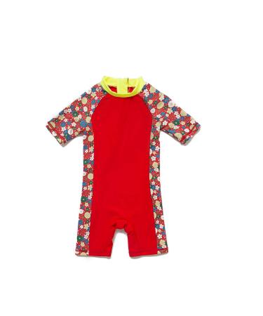BONVERANO Baby Girls Sunsuit/Swimsuit UPF 50+ Sun Protection One Pieces Short Sleeves with Sun Hat. Flowers Red 3 Months
