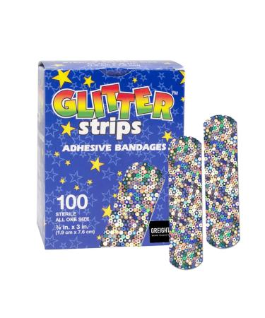 Glitter Strips Bandages for Kids - 100 Count Latex Free Adhesive Bandage 3/4"x3" for wound care minor cuts scrapes and first aid 3/4 X 3 Inch