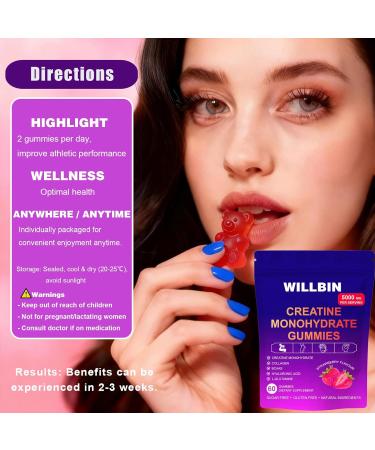 Willbin Creatine Gummies - Strawberry Flavor | 5000mg Creatine Monohydrate per Serving | Vegan-Friendly Pre-Workout Energy Support for Muscle Growth & Strength (150) - Buy Online on GoSupps.com