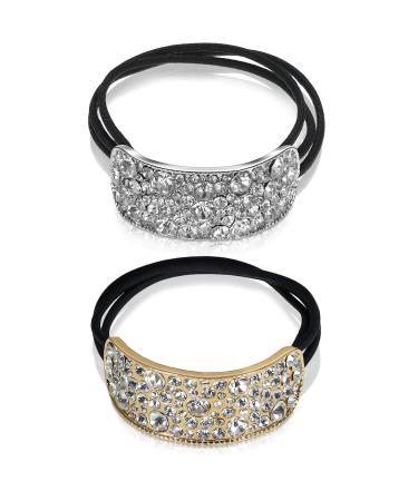 Rhinestone Ponytail Holder 2 Pieces Elastic Diamond Hair Accessories Gold Silver Ponytail Cuff Stretchy Glitter Hair Ties Fancy Decorative Hair Ties Elegant Hair Bands Scrunchies for Women Girls Dance - Buy Online on GoSupps.com