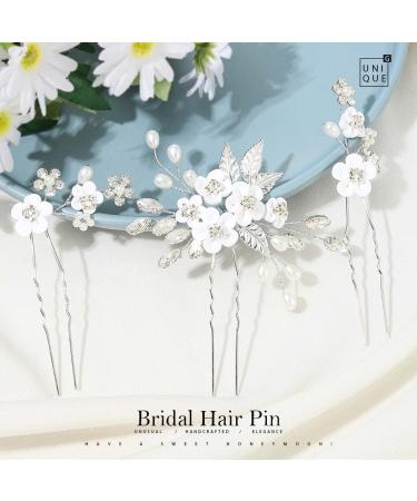 Unicra Silver Flower Hairpins - Crystal & Pearl Hair Accessories for Weddings | 3-Piece Set for Brides & Bridesmaids - Buy Online on GoSupps.com