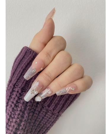 Long Square Stiletto Glitter Diamond Pearl Floral Rose Fake Press On Nail Set - Buy Online on GoSupps.com