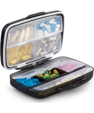 Travel Pill Organizer Oversize 8 Compartment - Portable Medication Box for Vitamins - Airtight & Moistureproof - Black Large - Buy Online on GoSupps.com