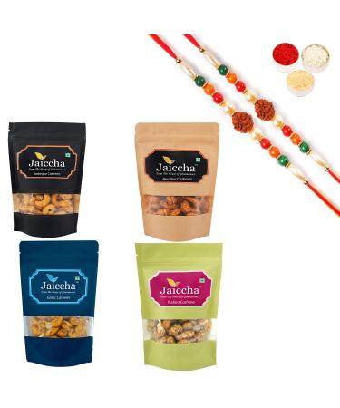 Jaiccha Ghasitaram Rakhi Gifts for Brothers Rakhi Dryfruits - Pack of 4 Garlic Peri Peri Pudina Barbeque Cashews Pouches Small 400 GMS with 2 Rudraksh rakhis