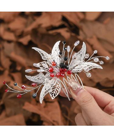 Edary Bride Wedding Hair Comb Silver Butterfly Headpiece Blak Bead Wedding Side Comb Leaf Bridal Hair Accessories for Women and Girls - Buy Online on GoSupps.com