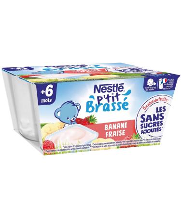 Nestlé Bébé P'tit Brassé Strawberry Banana without Added Sugars - Dairy from 6 Months - 4 x 90 g
