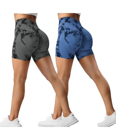 Zaayo 2er -Pack Sport Short Women Butt Scrunch Short Sports Lace High waist Short Pants Butt Lift Boot Booty Fitness Tie Dye Gym Shorts M #1 Black Gray - Dark Blue