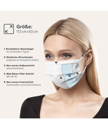 50-Piece Disposable Face Masks Made in Germany | CE Certified | Triple Layer Filtration | Elastic Earloops | Breathable Mouth Cover - White - Buy Online on GoSupps.com