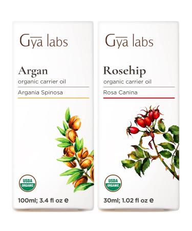 Gya Labs Argan Oil for Hair (3.4 fl oz) & Rosehip Oil for Face (1 fl oz) Set - Aromatherapy Grade Essential Oils Set