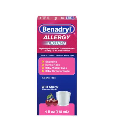 Benadryl Allergy Medicine Liquid Diphenhydramine HCl Antihistamines for Adults Alcohol-Free Hay Fever Allergy Relief for Sneezing Runny Nose Itchy & Watery Eyes Wild Cherry 4 fl oz