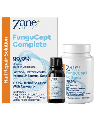 Zane Hellas FunguCept Complete. Nail Solution for Discolored Thickened and Crumbled Nails Visible Results in 4 Weeks.0.33 oz -10ml and 60 Softgels.