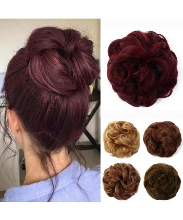 JJstar Messy Hair Bun Curly Wavy Hair Scrunchies Accessories Pieces for Women Girls Synthetic Hair Chignons (Wine Red)