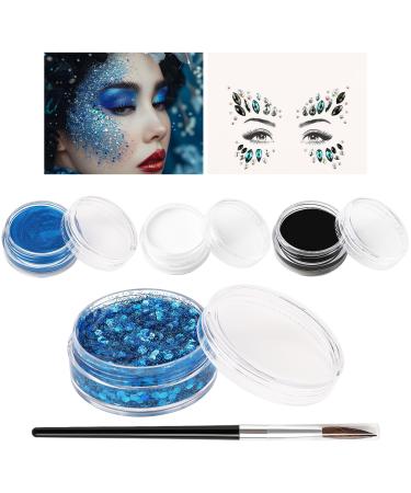 BOBISUKA Halloween Face Paint Kit Black White Blue Face Painting + body glitter gel + face gems Professional Washable Body Paint for SFX Cosplay Party Stage Performance Makeup BLACK+WHITE+BLUE