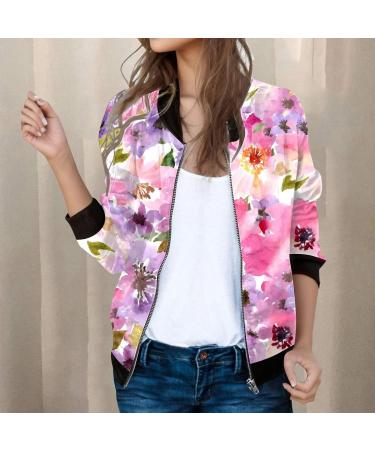 Light Pink Flower Pattern Bomber Jacket for Women | Casual Aviator Zipper Summer Outwear | Stylish College Long Arm Jacket - Shop Now! - Buy Online on GoSupps.com