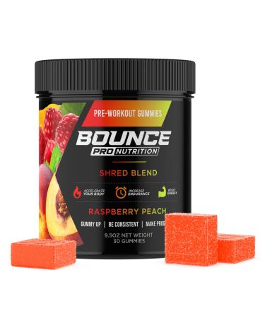Bounce Pro Shred Blend Pre Workout Gummies Raspberry Peach 30 Vegan Gummies with Caffeine, Ashwagandha & L-Theanine for Energy, Focus & Endurance (30 Count (Pack of 1), Raspberry Peach) Raspberry Peach 30 Count (Pack of