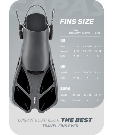 CAPAS Snorkel Fins | Short Adjustable Swim Fins for Snorkeling & Diving | Open Heel Flippers for Adults and Kids | Black L/XL (US Men 9-13 / Women 10-14) - Buy Online on GoSupps.com