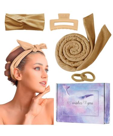 Heatless Curlers Headband Heatless Hair Curler For Sleeping Overnight 63" Extra Long No Heat Wave Hair Curlers With Clip Styling Tools For Women Girls Long Medium Hair (Khaki)