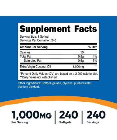 Nutricost Coconut Oil Softgels 1000mg (240 ct) - Extra Virgin, Gluten Free, Non-GMO - Buy Online on GoSupps.com