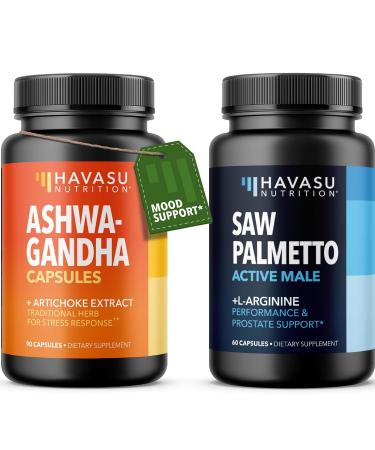 HAVASU NUTRITION High Strength Ashwagandha Supplement Capsules (45 Servings) & Saw Palmetto 500mg L-Arginine 500mg Complex (30 Servings)