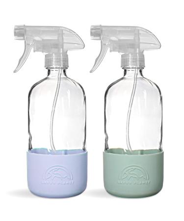 SAVVY PLANET Empty Clear Glass Spray Bottles with Silicone Sleeve Protection - Refillable 16 oz Containers for Cleaning Solutions, Essential Oils, Misting Plants - Quality Sprayer - 2 Pack - Pastel Periwinkle & Pastel Green