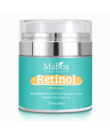 Mabox Moisturizer Cream for Face and Eye Area with 2.5 % Active Retinol, Hyaluronic Acid, Vitamin E, Anti Aging Formula Reduces Wrinkles, Fine Lines, Best Day and Night Cream (1.7 Fl. Oz) Cyan-2.5% Retinol
