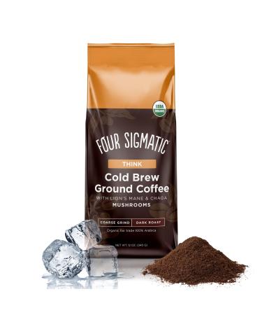 Organic Cold Brew Coffee Grounds by Four Sigmatic | Dark Roast, Fair Trade Coarse Grounds with Lion's Mane and Chaga Mushroom Extract | Cold Brew Mushroom Coffee for Crash-Free Focus | 12oz Bag