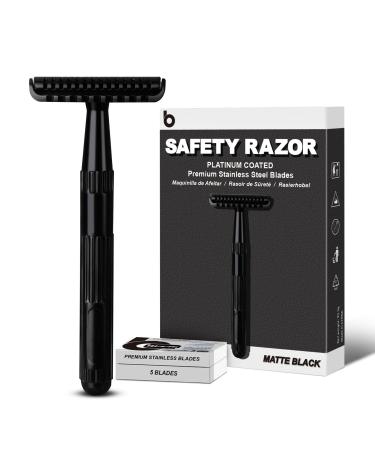Matte Black Safety Razor for Men and Women Single Blade Razors for Men Metal Razors for Women with 10 Double Edge Safety Razor Blades Open Comb Razor Head for Long Thick Body Hair Zero Waste Open Comb Matte Black Razor