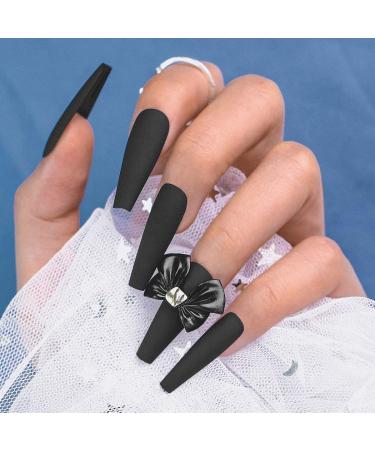 Sethexy long black false nails ballerina nails stick matt coffin wrong fingernails Bowknot nails with glue 24st acrylic art nail tips to press on for women and girls