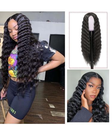 INSTASTYLE 30 Inch Lace Front Synthetic Curly Wig for Women - Black Loose Deep Wave Hair Replacement | 1B 30 Inch Black - Buy Online on GoSupps.com