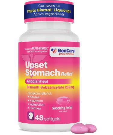 GenCare Upset Stomach Relief 48 Softgels Bismuth Subsalicylate 262 mg Antidiarrheal Medication Acid Reflux Medicine for Nausea Heartburn & Indigestion Relief Generic for Pepte Bismol Tablets