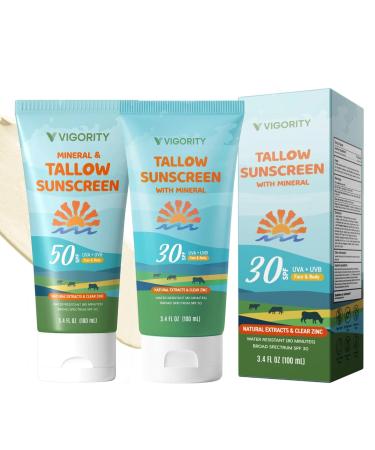 Beef Tallow Sunscreen Bundle: Natural Non-Toxic Tallow Sunblock Cream for Face & Body Includes SPF 30 & SPF 50 Water-Resistant Safe for Kids & Sensitive Skin
