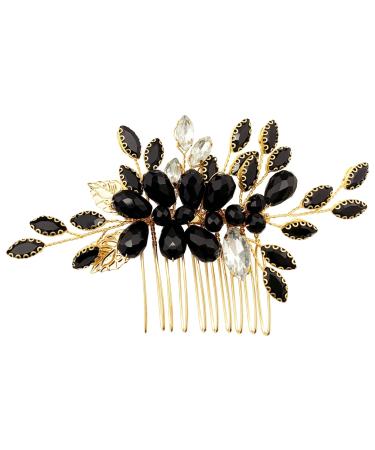 BETITETO Crystal Bridal Side Comb for Hair Small Gold Leaf Rhinestone Hair Piece Accessories for Wedding Women Girls (Black)