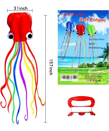 Hengda Kite Pack: 3 Colors Easy Flyer Octopus Kite for Kids - Large 31 Wide with Long Tail - Beach or Park Fun - Red, Green, Blue - Buy Online on GoSupps.com