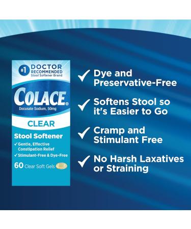 Colace Clear Stool Softener for Gentle Effective Constipation Relief #1 Doctor Recommended Stool Softener Brand Dye Free 50 mg Docusate Capsules 60 Count 60 Count (Pack of 1) - Buy Online on GoSupps.com