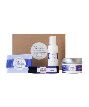 Victoria's Lavender Natural Body Products Gift Set - Handmade Soap Hand & Body Lotion Lip Balm Body Candle Skin Care Sets & Kits Lavender Bath and Body Products for Women Lavender