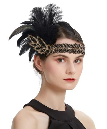 Z&X 1920s Feather Headband Gatsby Party Headpieces for Women Rhinestone 20s Roaring Hair Accessories (#015 Black)