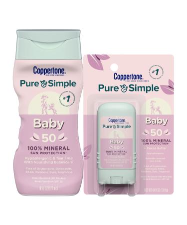 Coppertone Pure and Simple Baby Sunscreen Lotion + Stick Sunscreen SPF 50, Zinc Oxide Mineral Sunscreen for Babies, Water Resistant, Tear Free Sunscreen Pack (6 Fl Oz Bottle + 0.49 Oz Stick)