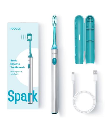 SOOCAS Spark Portable Electric Toothbrush:for Adults and Kids Mini Size Huge Power Smart Timer 2 Hours for 40 Days USB-C Fast Rechargeable Travel Case Aluminum Alloy Handle - Silver
