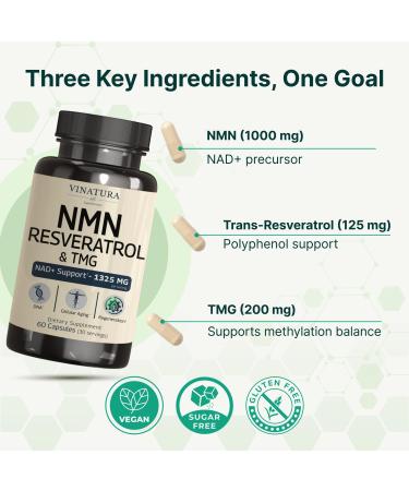 VINATURA NMN Complex Supplement 1325MG - NMN 1000mg with Resveratrol and TMG Support NAD+ 60 Capsules - Buy Online on GoSupps.com