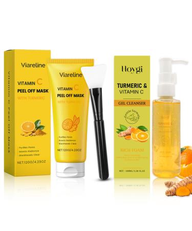 Dongcill Facial Mask with Turmeric and Vitamin C Set Vitamin C PeelOff Mask + Turmeric Facial Cleanser Cleansing Foam for a Radiant Complexion Against Dark Spots Against Acne
