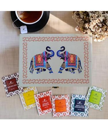 Octavius Elephant Printed Wooden Caddy Tea Sampler Pack | 90 Double Chamber Tea Bags | 3 Black & 3 Green Tea Assortment | Tea Lover's Variety Pack - Buy Online on GoSupps.com