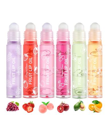 6 Pcs Hydrating Fruit-Flavored Roll-On Lip Oil Set Moisturizing Lip Oil Transparent Hydrating Plumping Lip Gloss Lip Care