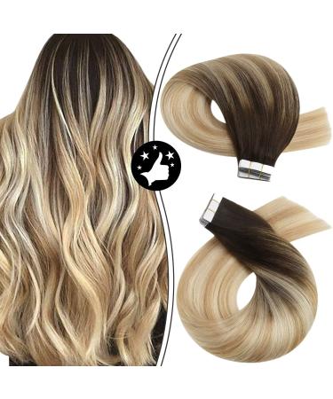 Moresoo Tape in Hair Extensions Blonde Human Hair Extensions Tape in Balayage Brown to Caramel Blonde with Platinum Blonde Ombre Tape in Extensions Real Hair 12 Inch 20 Pieces/30g #2/27/613 12 Inch #2/27/613