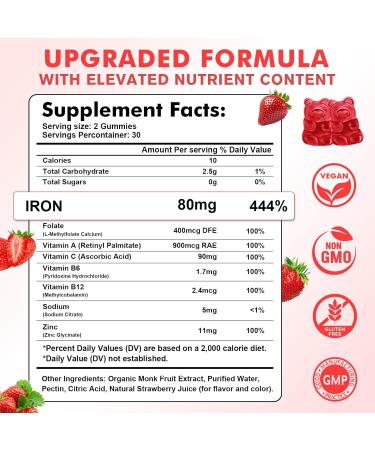 2 Pack Iron Gummies for Women & Men - Vegan Iron Supplement for Anemia & Iron Deficiency with Vitamin B12 Vitamin C Zinc Folate - Energy Boost Sugar-Free Strawberry Flavor 120 Count Strawberry 60 Count (Pack of 2) - Buy Online on GoSupps.com